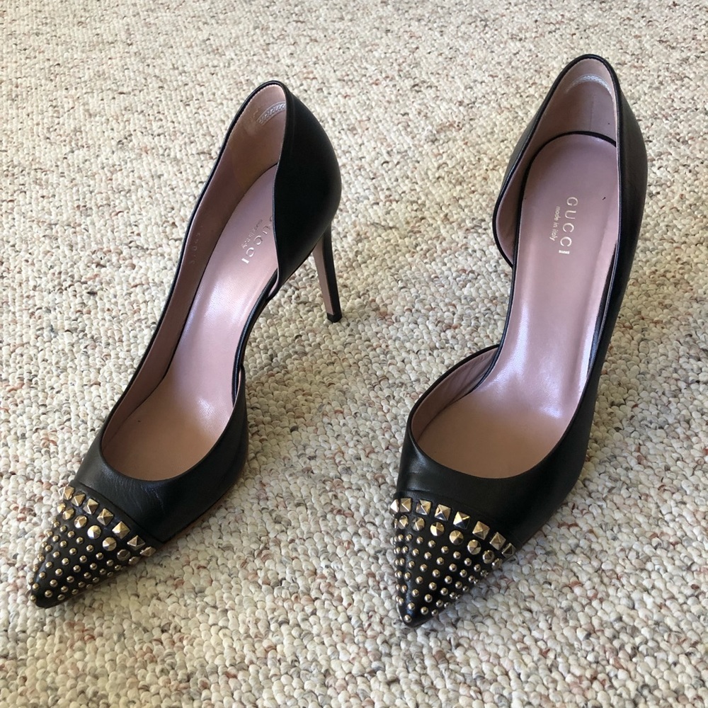Gucci black heels with metal studded pointed toes